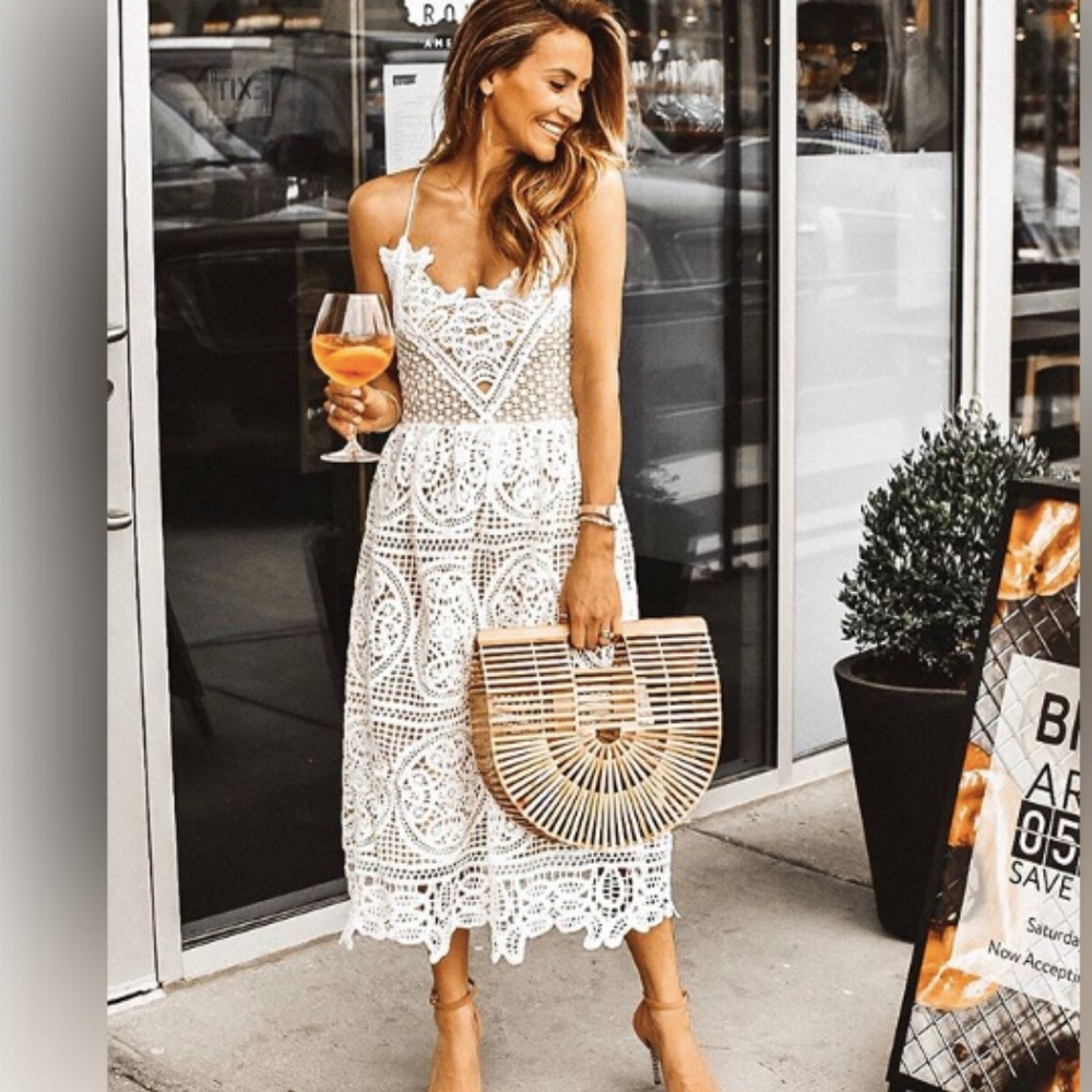 Anthro Moonlit Crossback Crochet Midi Dress